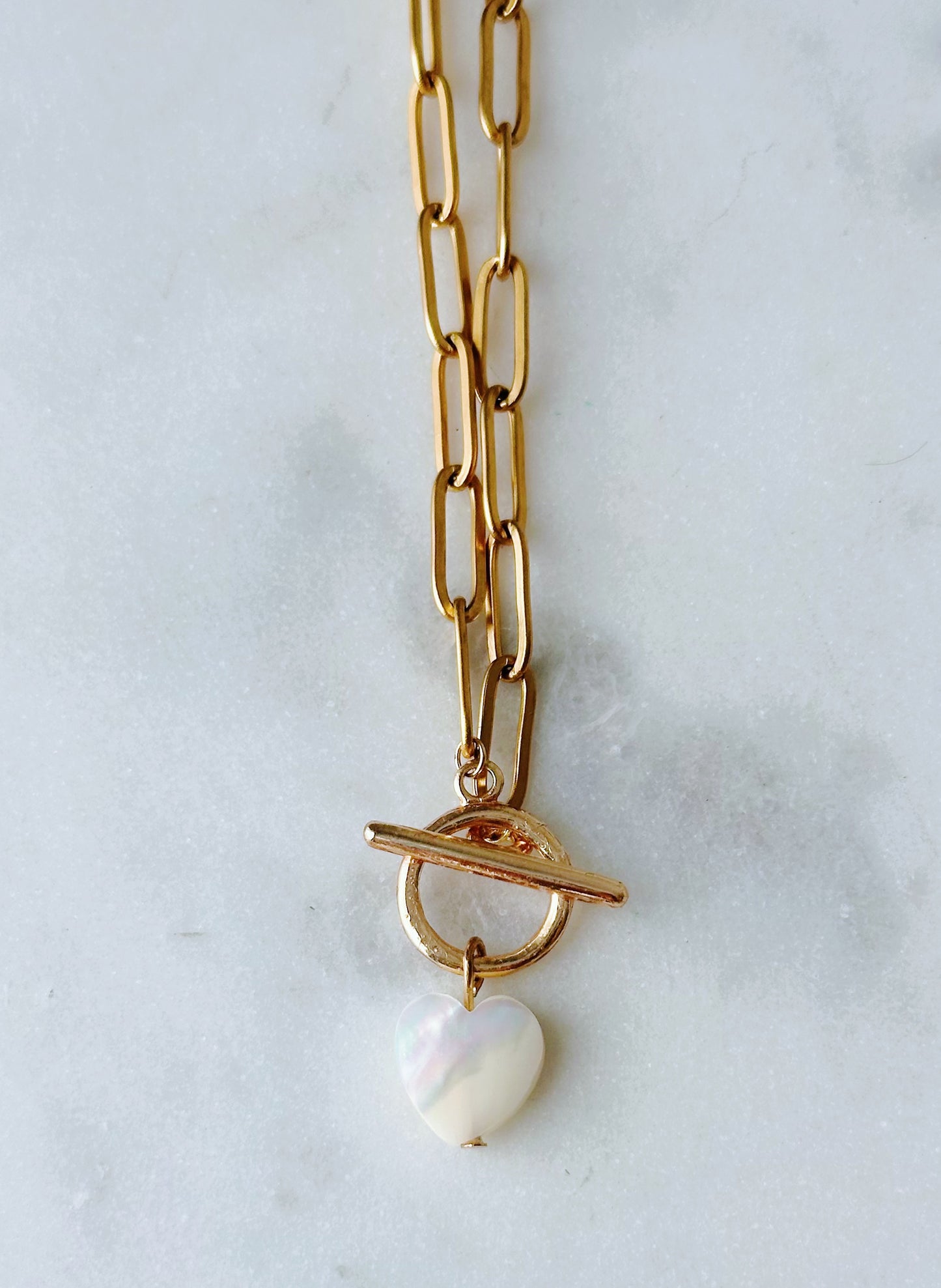 Shell heart paperclip chain toggle necklace
