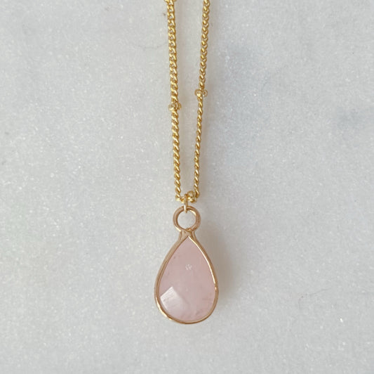 Rose quartz teardrop gold necklace