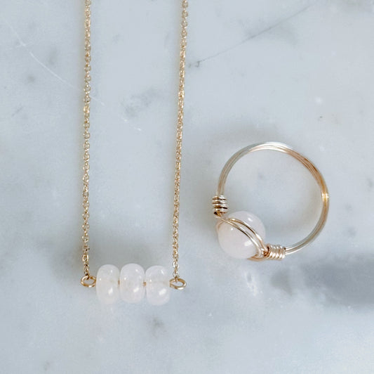 Rose quartz necklace and ring gift set