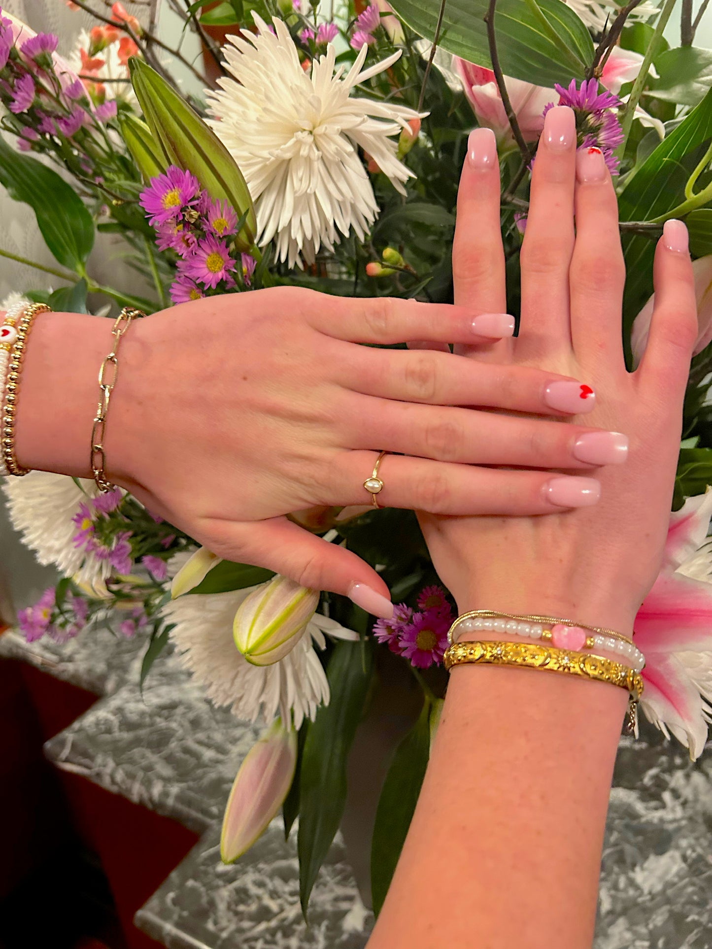 Pink opal heart beaded bracelet