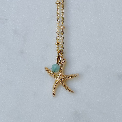 Dainty starfish and aqua gem necklace