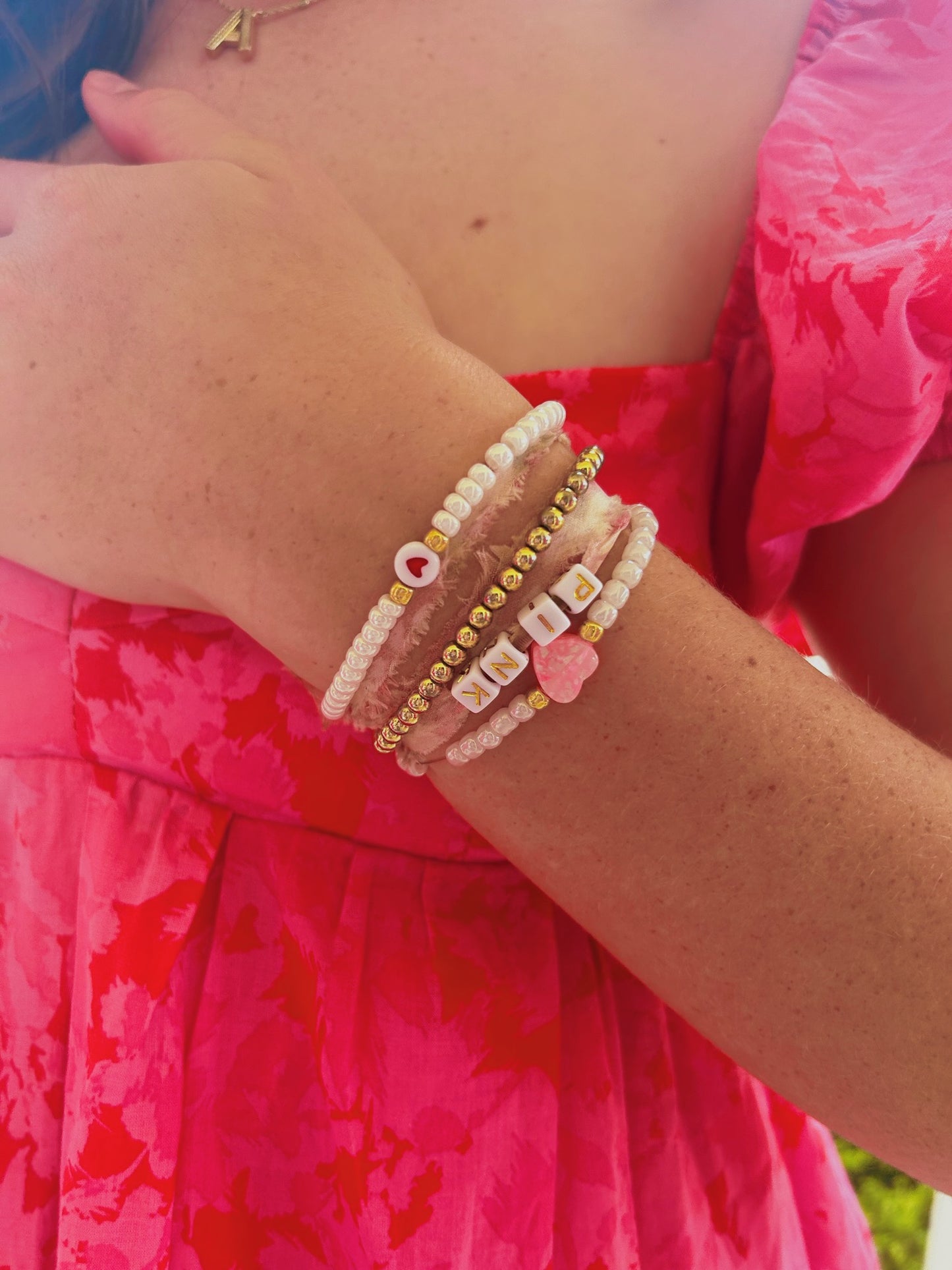 Pink opal heart beaded bracelet