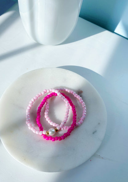 Pink pearl beaded bracelet stack