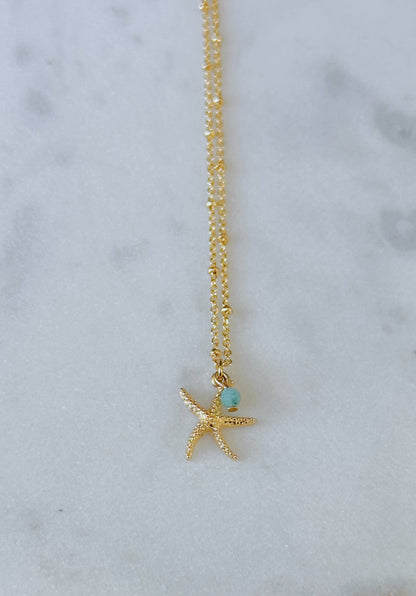 Dainty starfish and aqua gem necklace