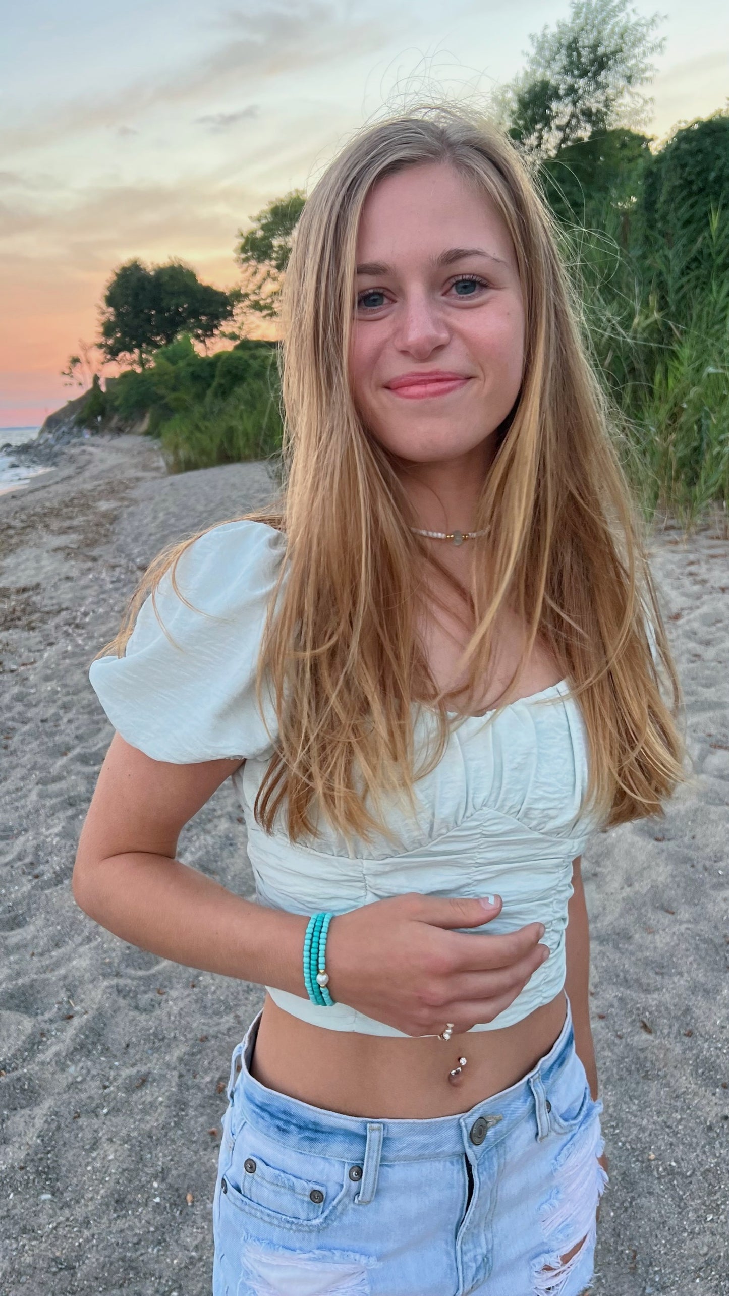 Blue pearl beaded bracelet stack