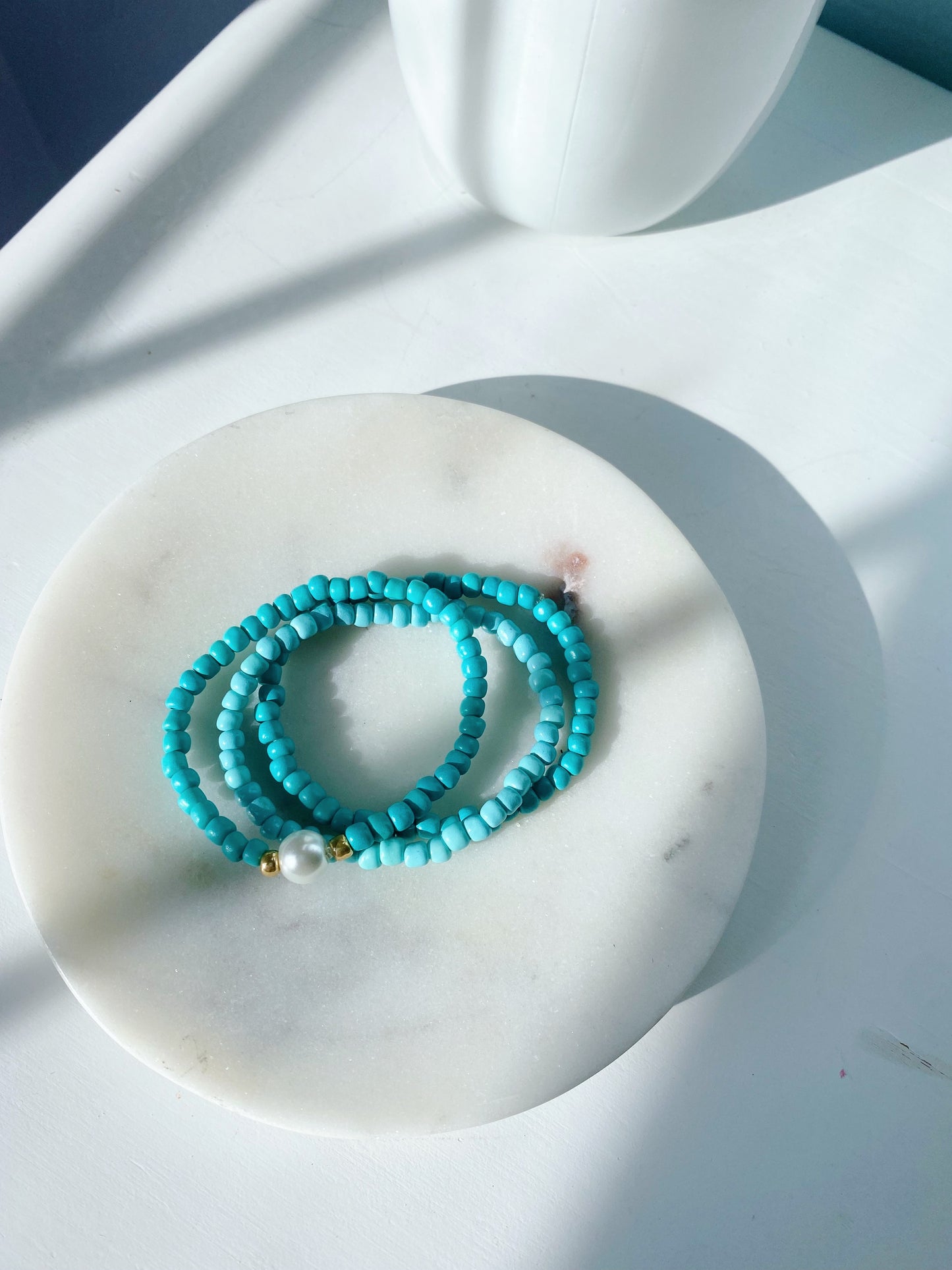 Blue pearl beaded bracelet stack