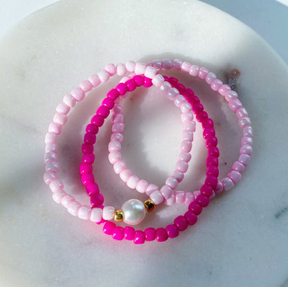 Pink pearl beaded bracelet stack