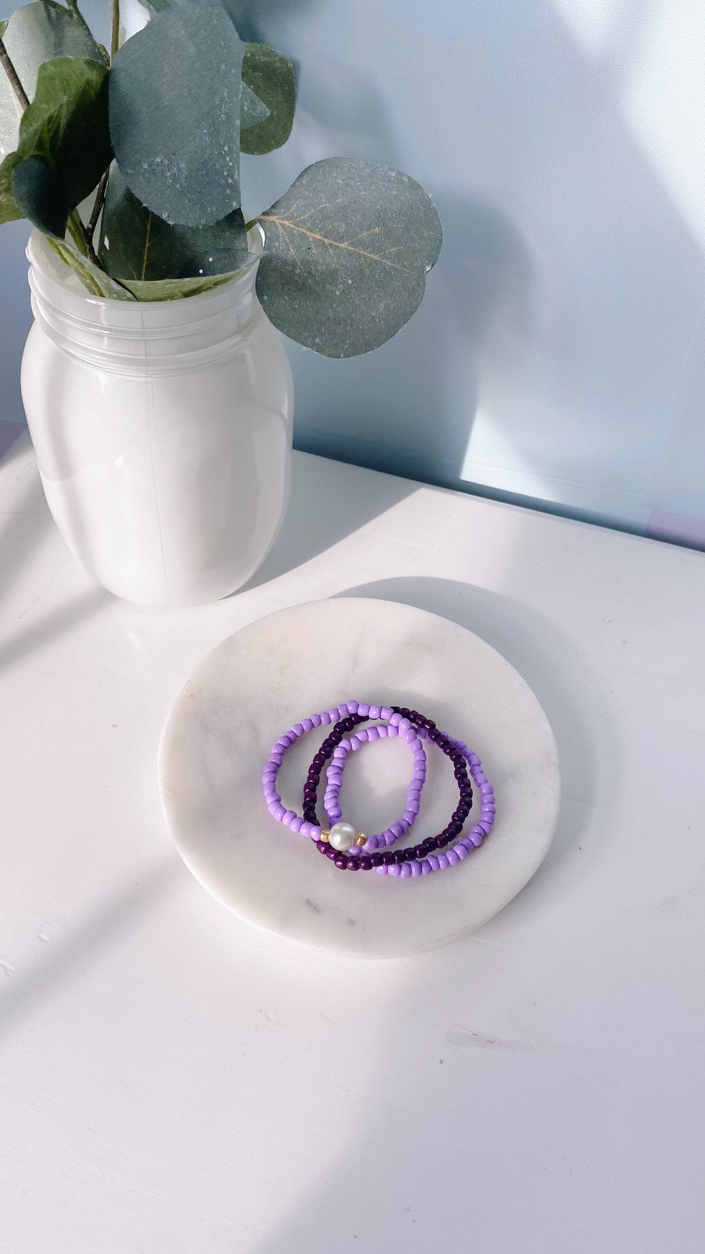 Purple pearl beaded bracelet stack
