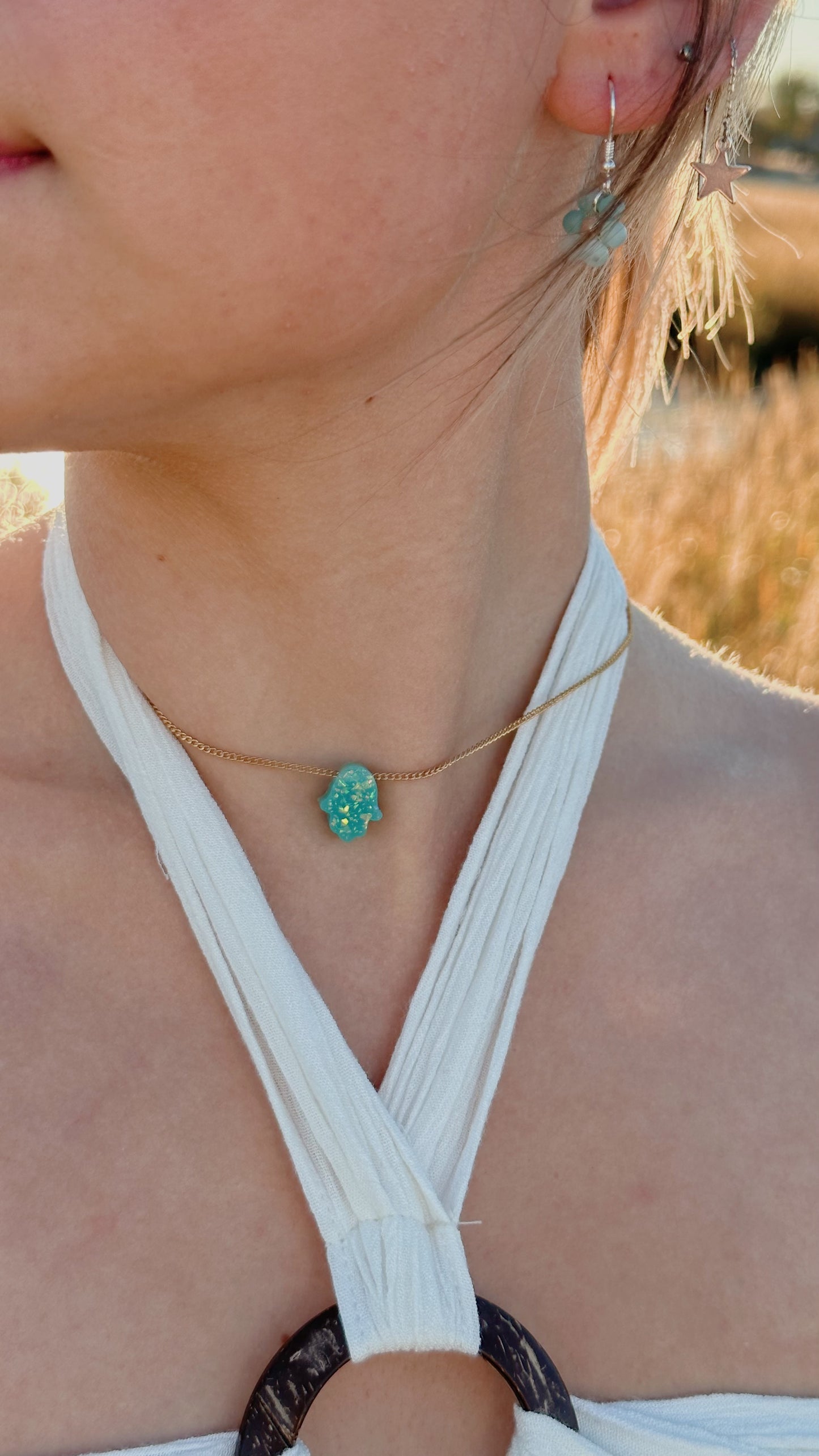 Hamsa opal charm necklace